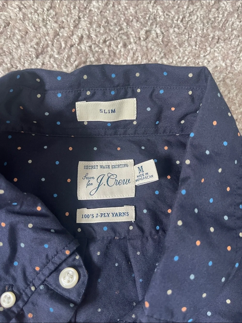 J. Crew Navy Button-Down Shirt with White Polka Dots